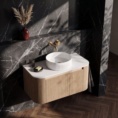 Fairford Sophia Country Oak 870mm Basin & Vanity Unit Pack — Vessel Basin, Curved Vanity Unit & Worktop
