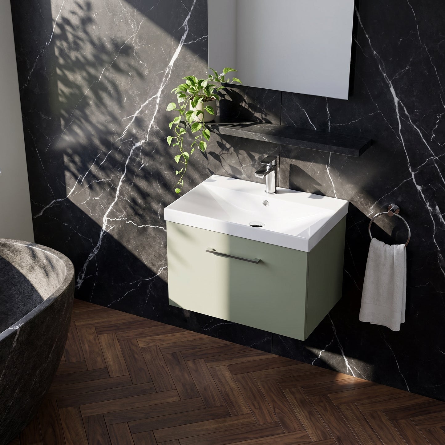 Fairford Aspri 600mm Satin Green Wall Hung Vanity Unit, Thin Rimmed 40mm Basin