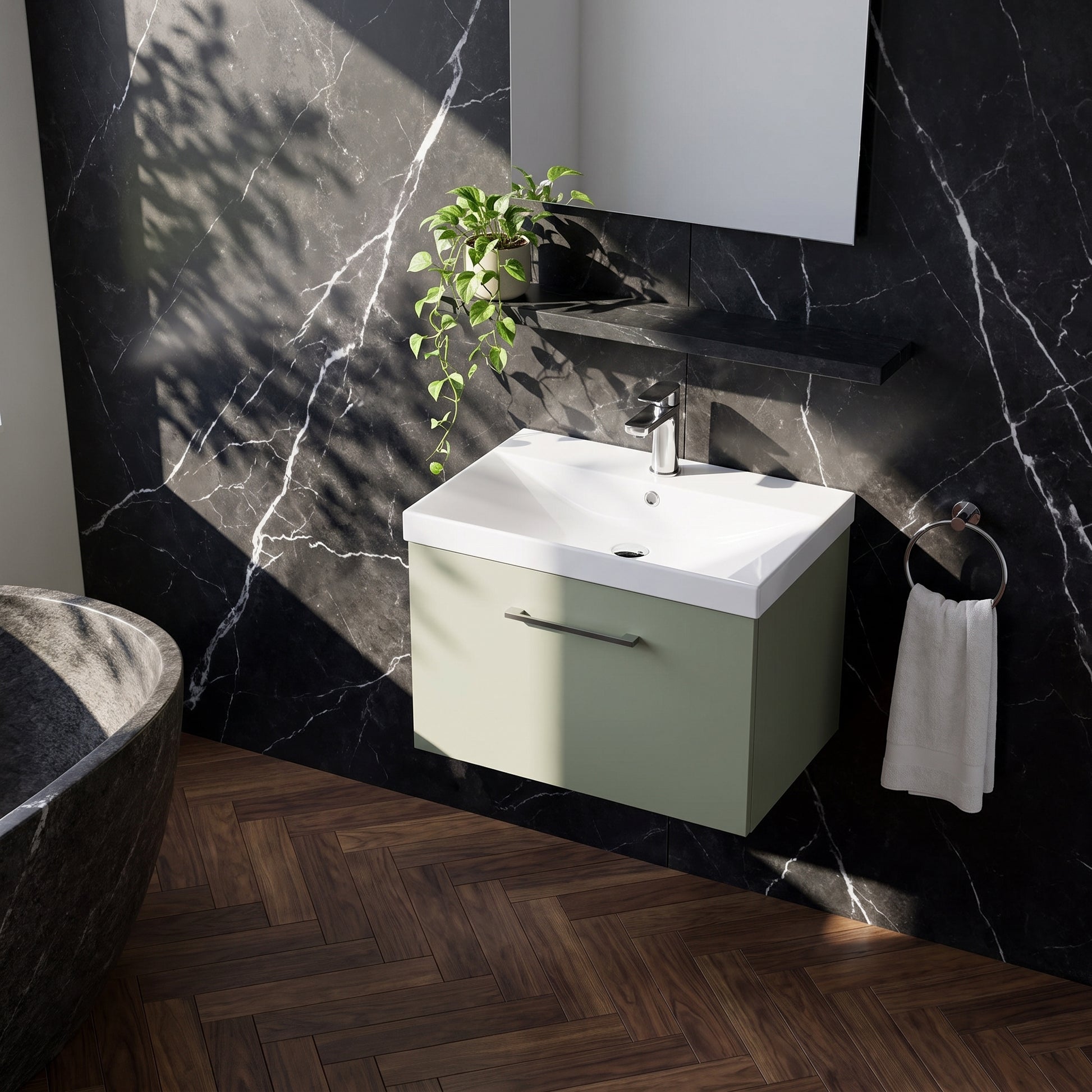 Fairford Aspri 600mm Satin Green Wall Hung Vanity Unit, Thin Rimmed 40mm Basin