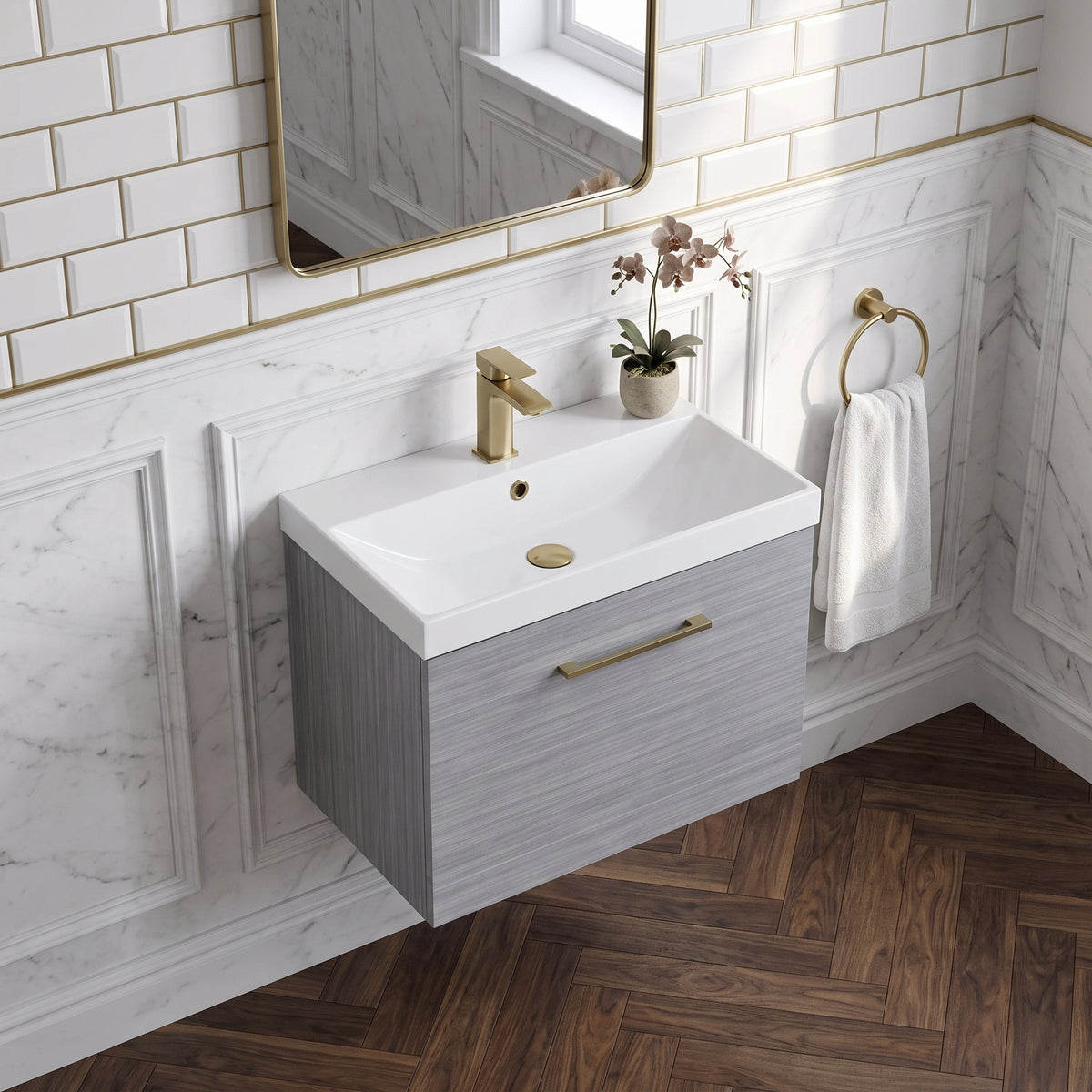 Fairford Aspri Grey Woodgrain 600mm 1 Drawer Wall Hung Vanity Unit