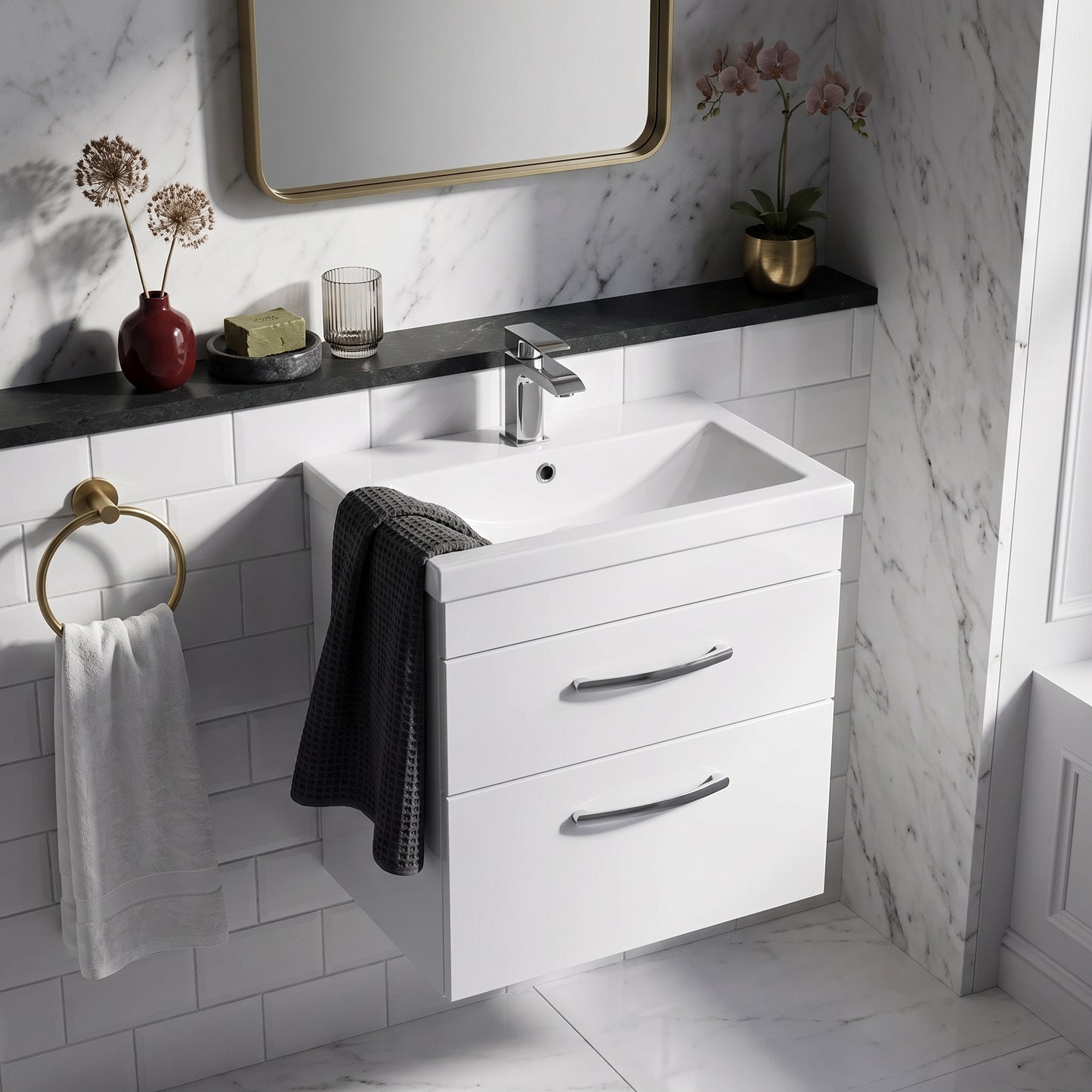 Fairford Carnation 500mm Gloss White Wall Hung 2 Drawer Vanity Unit