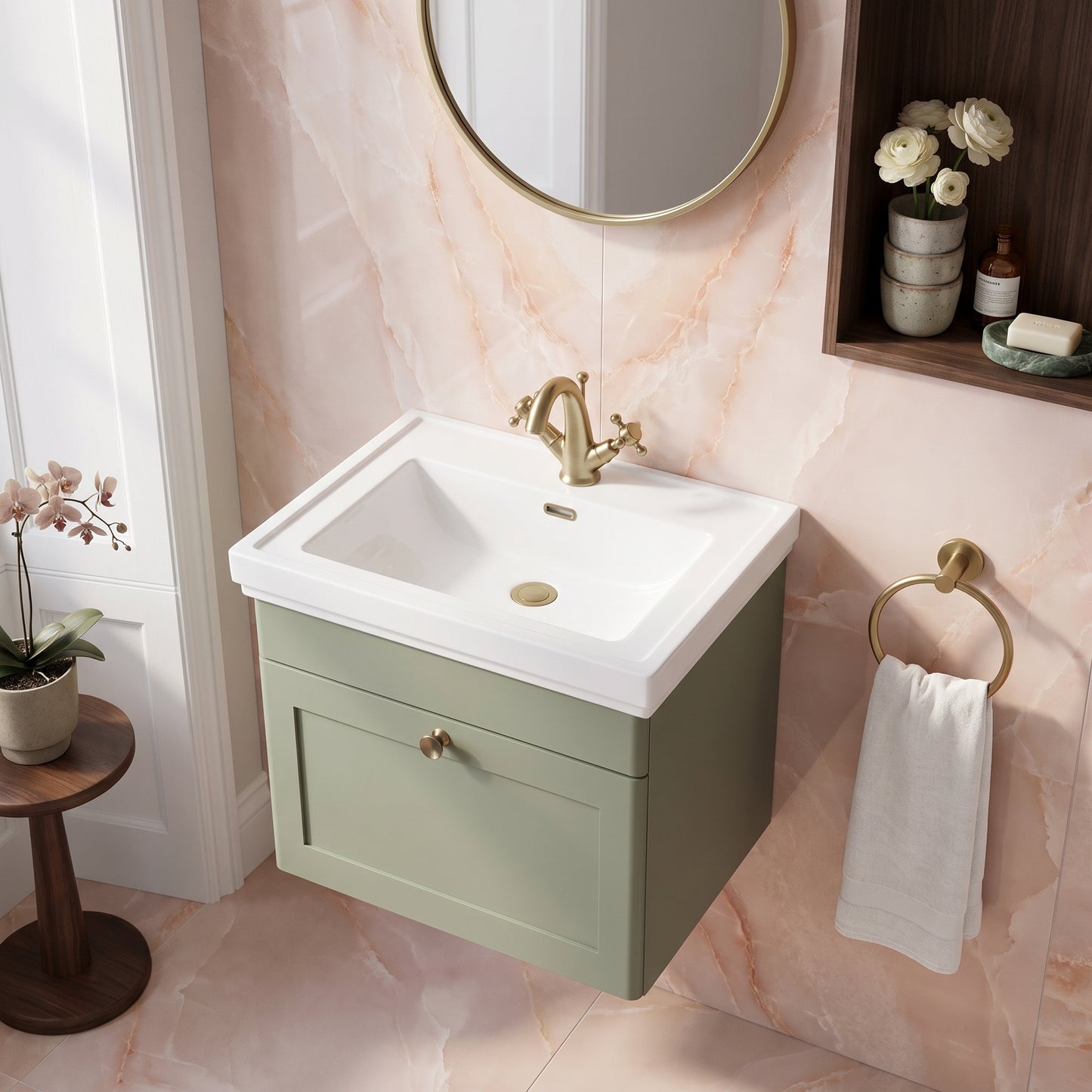 Fairford Laurel 600mm Wall Hung Satin Green Vanity Unit - 1 Tap Hole