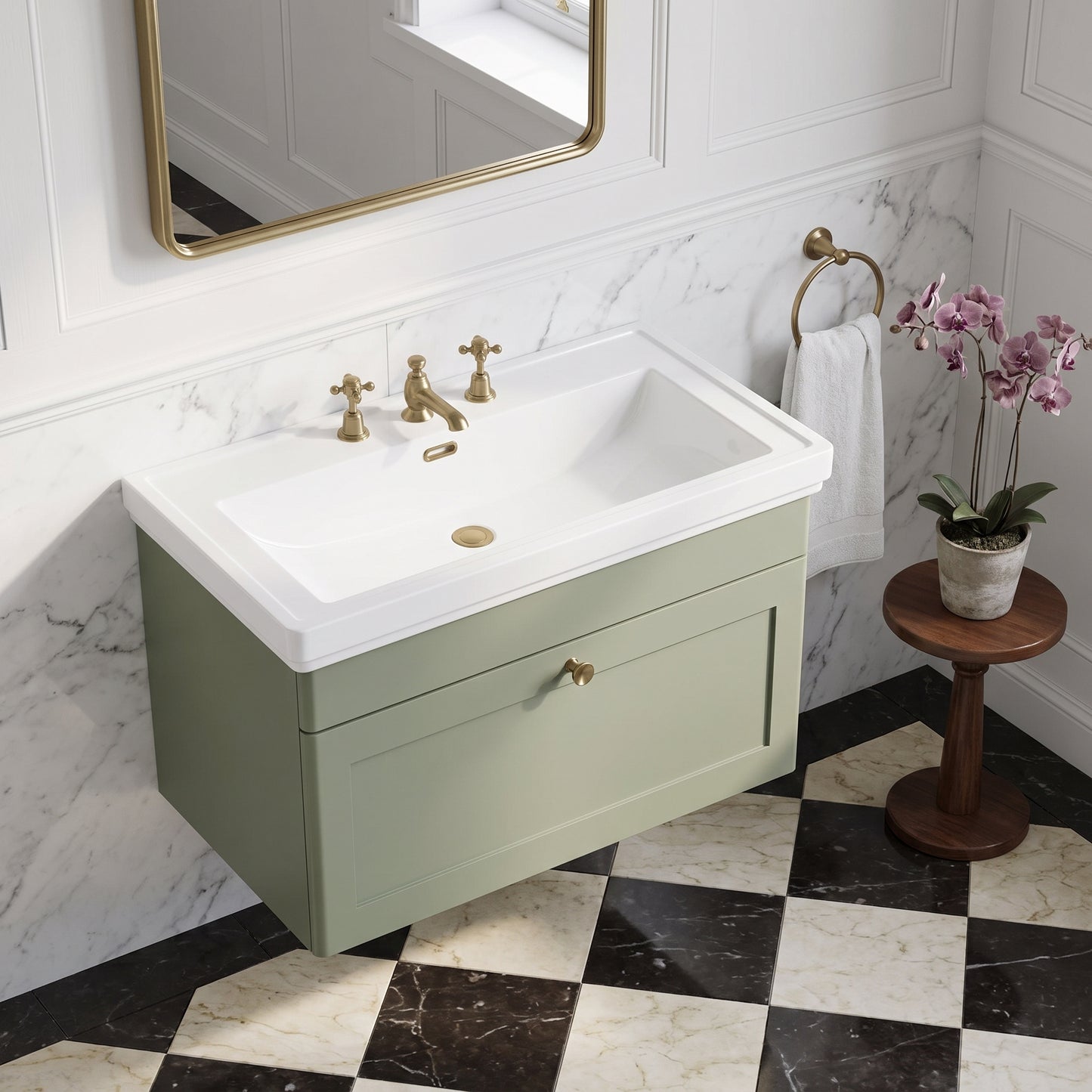 Fairford Laurel 800mm Wall Hung Satin Green Vanity Unit - 3 Tap Hole