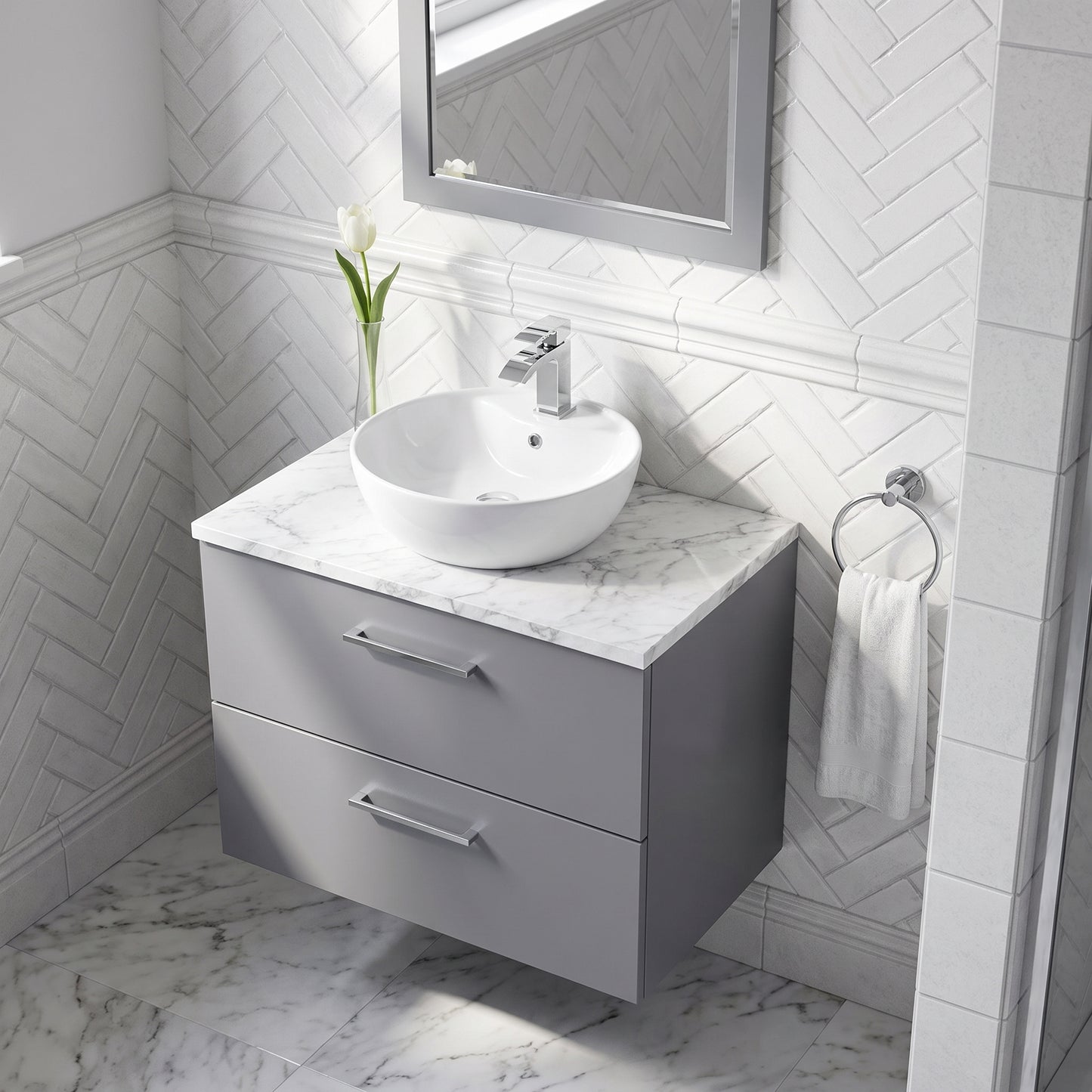 Fairford Aspri Satin Grey 800mm 2 Drawer Wall Hung Vanity Unit with Worktop