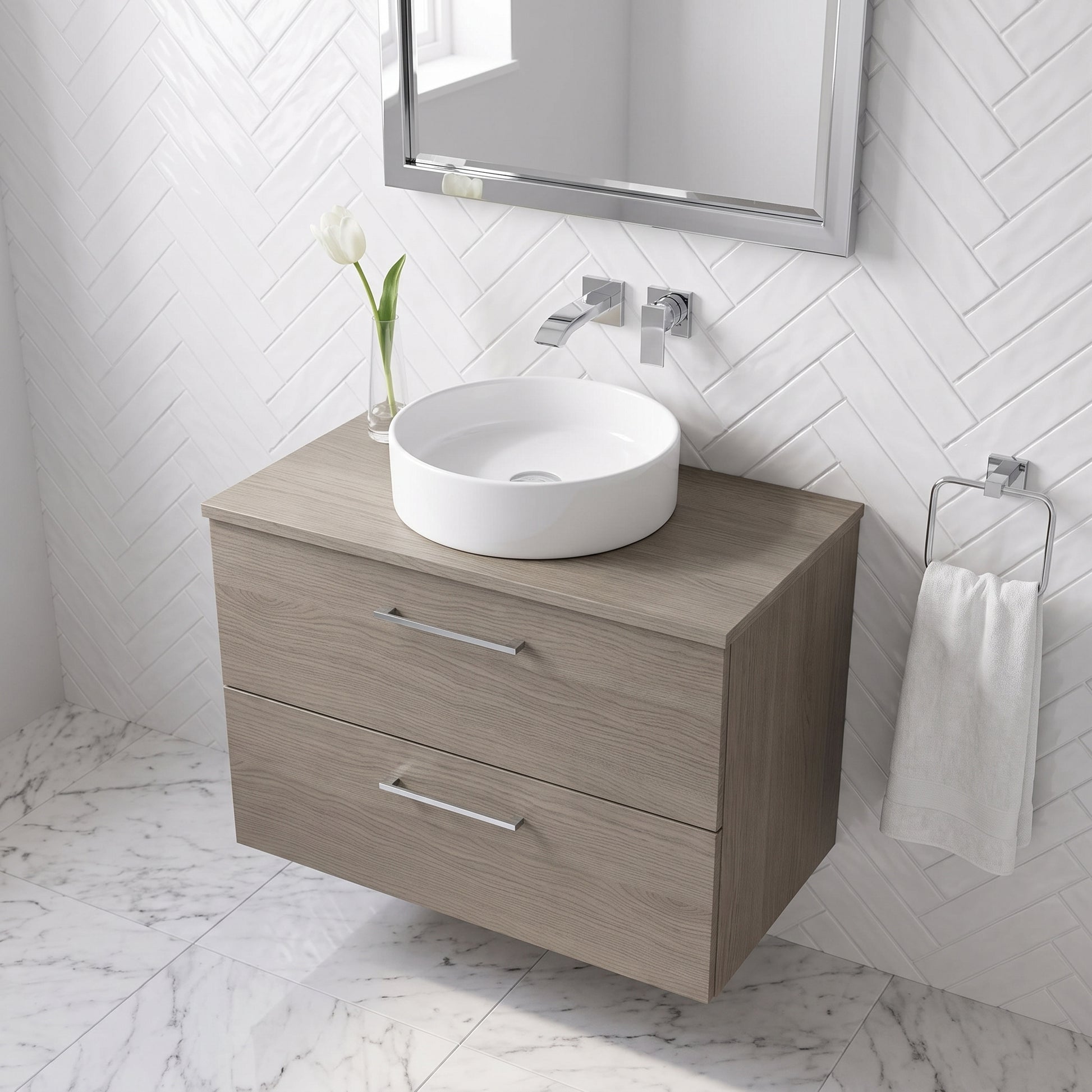 Fairford Aspri Solace Oak 800mm 2 Drawer Wall Hung Vanity Unit with Worktop