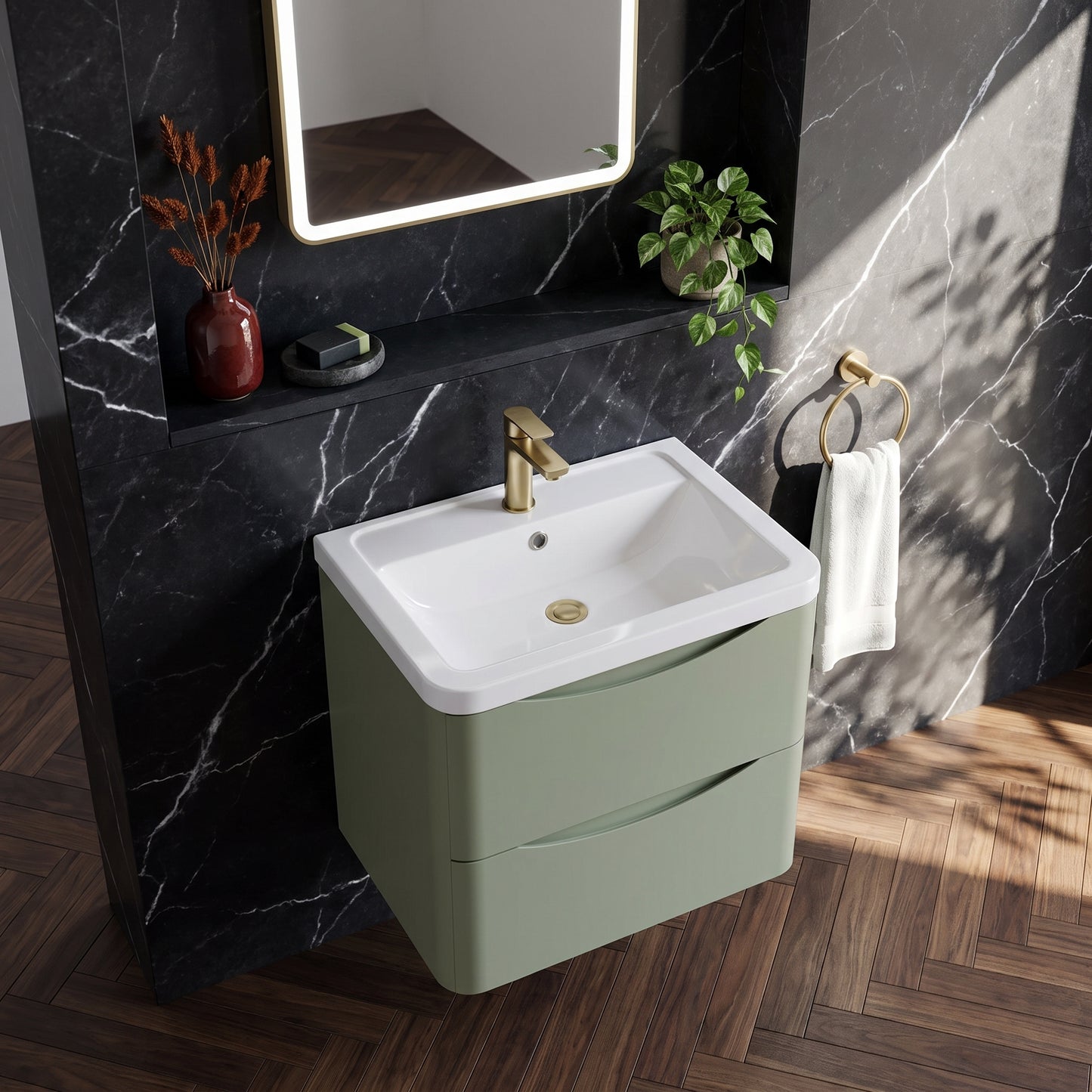 Fairford Eclipse 600mm 2 Drawer Satin Green Wall Hung Vanity Unit