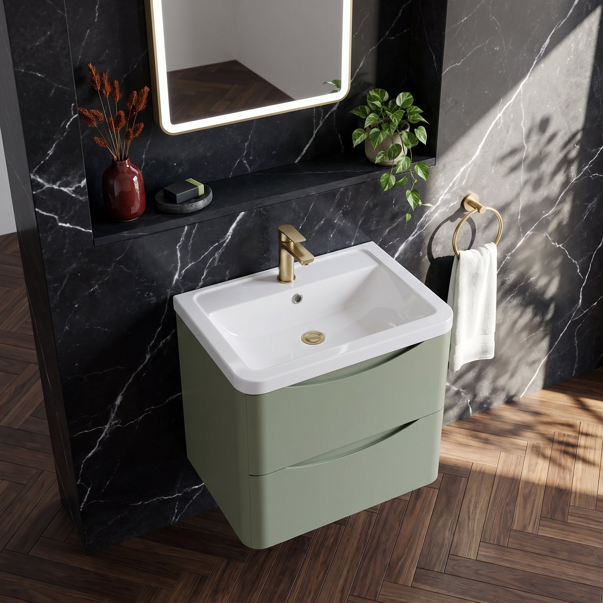 Fairford Eclipse 600mm 2 Drawer Satin Green Wall Hung Vanity Unit