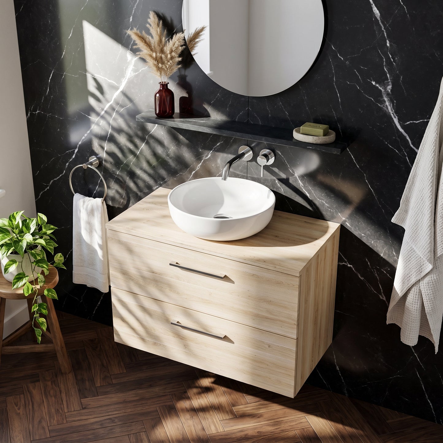 Fairford Aspri Bleached Oak 800mm 2 Drawer Wall Hung Vanity Unit with Worktop