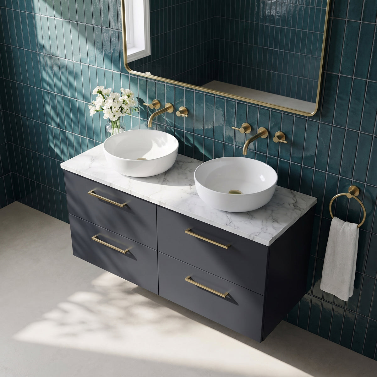 Fairford Aspri Soft Black 1200mm 4 Drawer Wall Hung Vanity Unit with Worktop