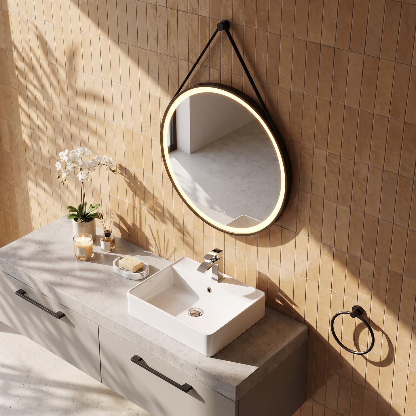 Fairford Belini Round Led Hanging Mirror - 600mm Wide - Matt Black