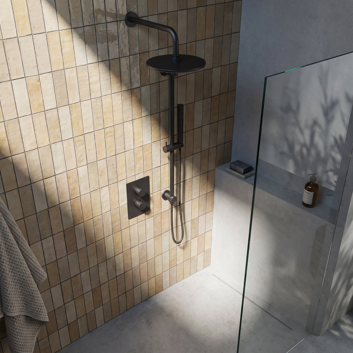 Fairford Element 7 Matt Black Concealed Shower Kit with Overhead and Slide Rail Kit