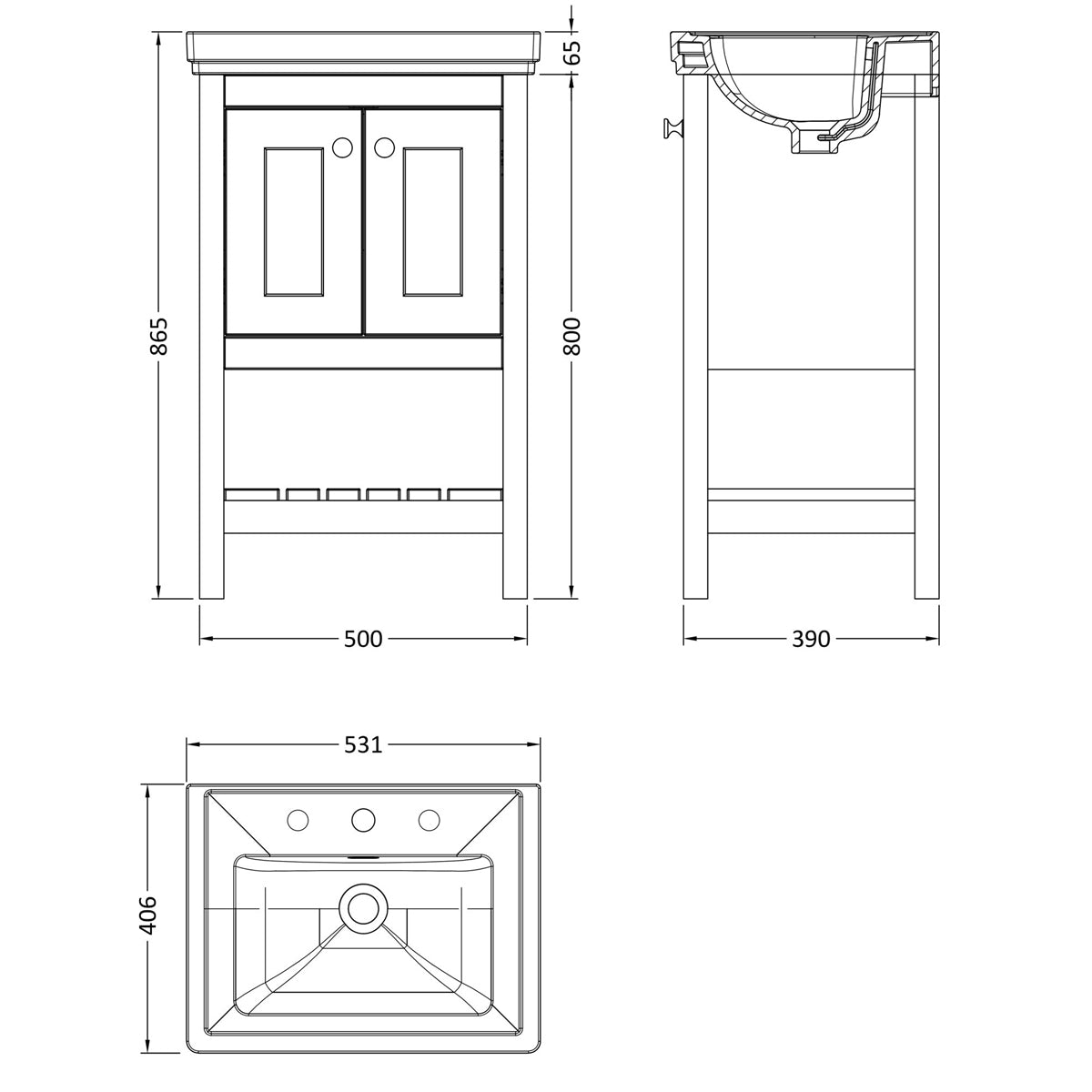 Fairford Juliette 500mm Pure White 3 Tap Hole Floorstanding Vanity Unit