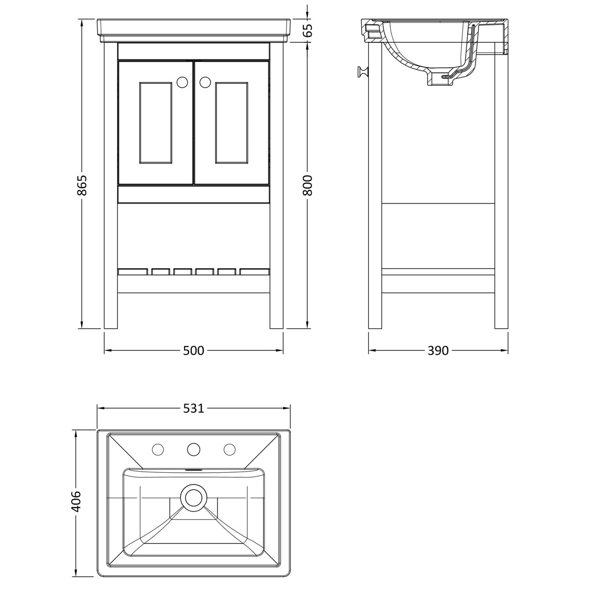 Fairford Juliette 500mm Cool Grey 3 Tap Hole Floorstanding Vanity Unit