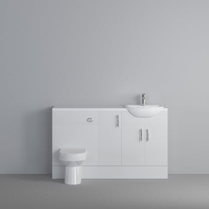 Dezine Clyde Gloss White 1300mm Pack, Vanity, WC and 1 FS Cupboard Unit. White worktop. Chrome Fittings