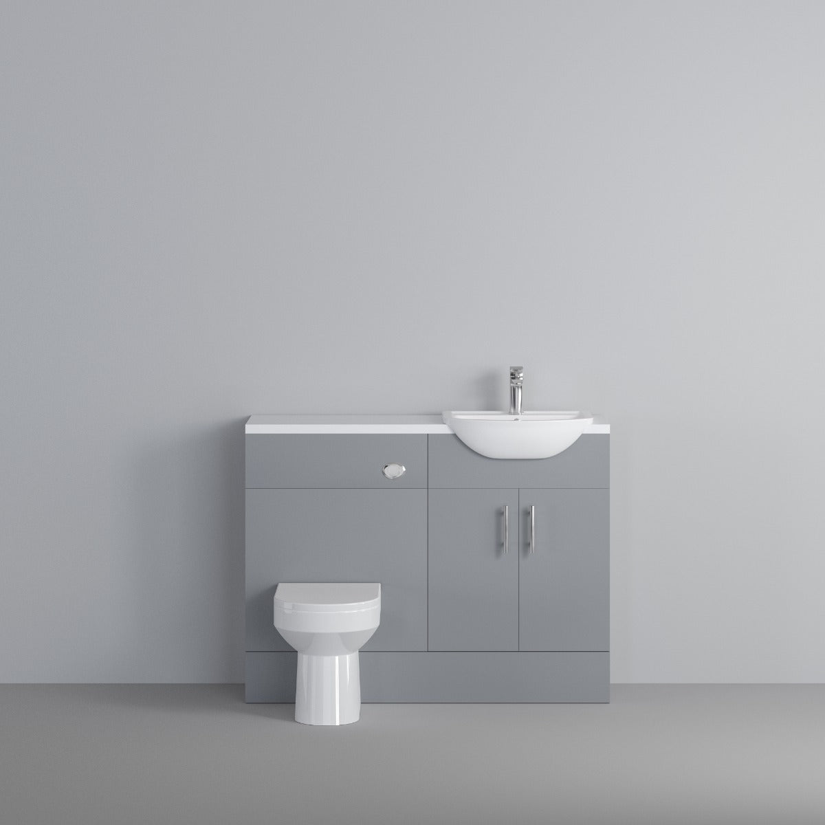 Dezine Clyde Gloss Grey 1200mm Pack, Vanity and WC Unit. White worktop. Chrome Fittings