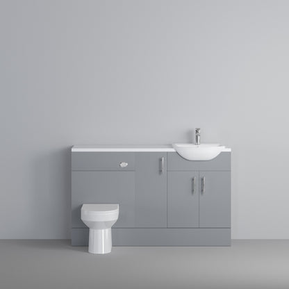 Dezine Clyde Gloss Grey 1300mm Pack, Vanity, WC and 1 FS Cupboard Unit. White worktop. Chrome Fittings
