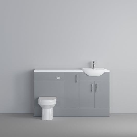 Dezine Clyde Gloss Grey 1300mm Pack, Vanity, WC and 1 FS Cupboard Unit. White worktop. Chrome Fittings