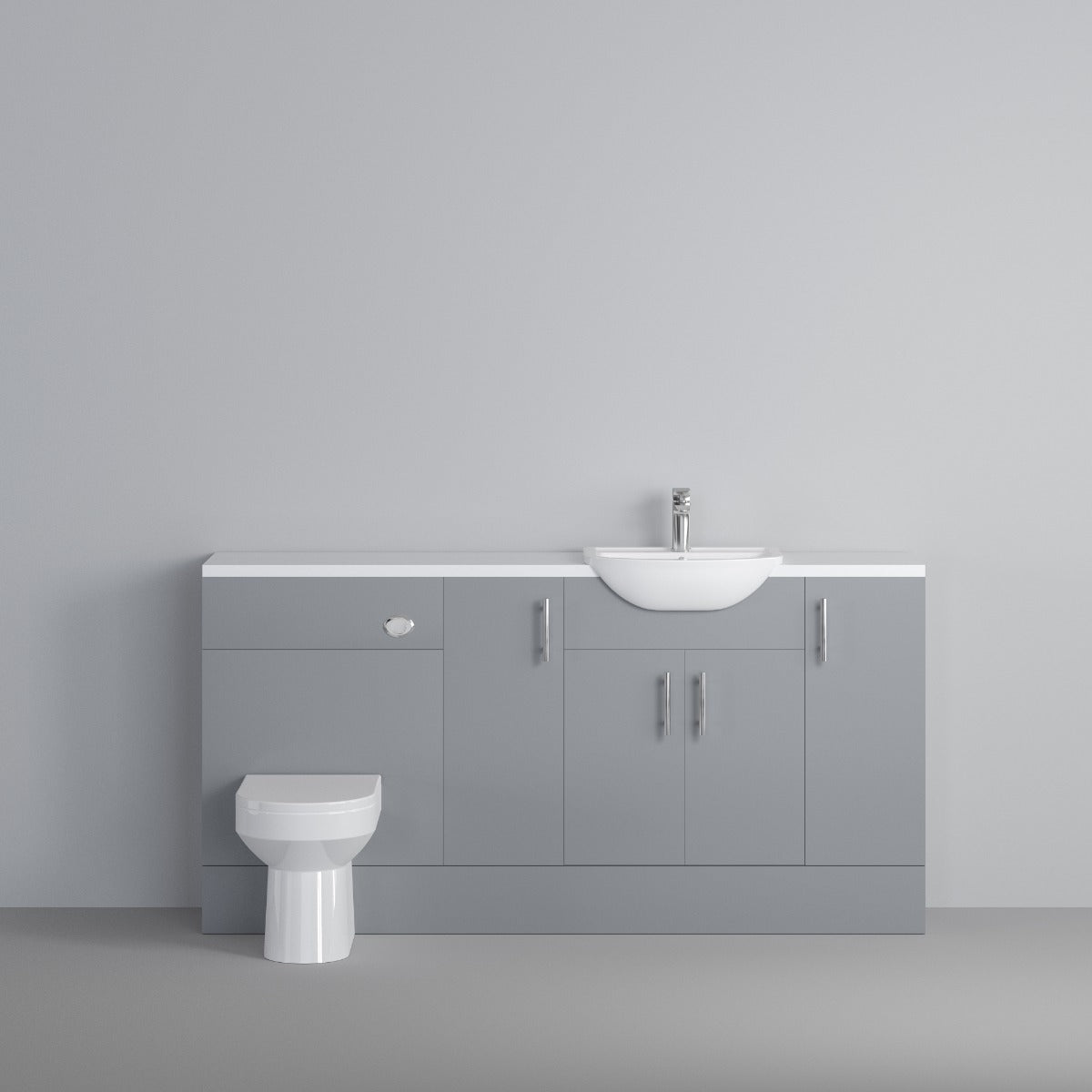 Dezine Clyde Gloss Grey 1800mm Pack, Vanity, WC and 3 FS Cupboard Units. White worktop. Chrome Fittings