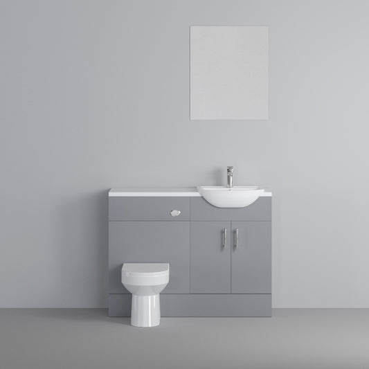 Dezine Clyde Gloss Grey 1000mm Pack, Vanity, WC and Mirror Unit. White worktop. Chrome Fittings