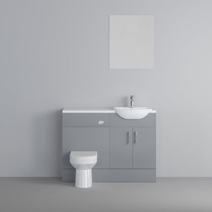 Dezine Clyde Gloss Grey 1200mm Pack, Vanity, WC and Mirror Unit. White worktop. Chrome Fittings
