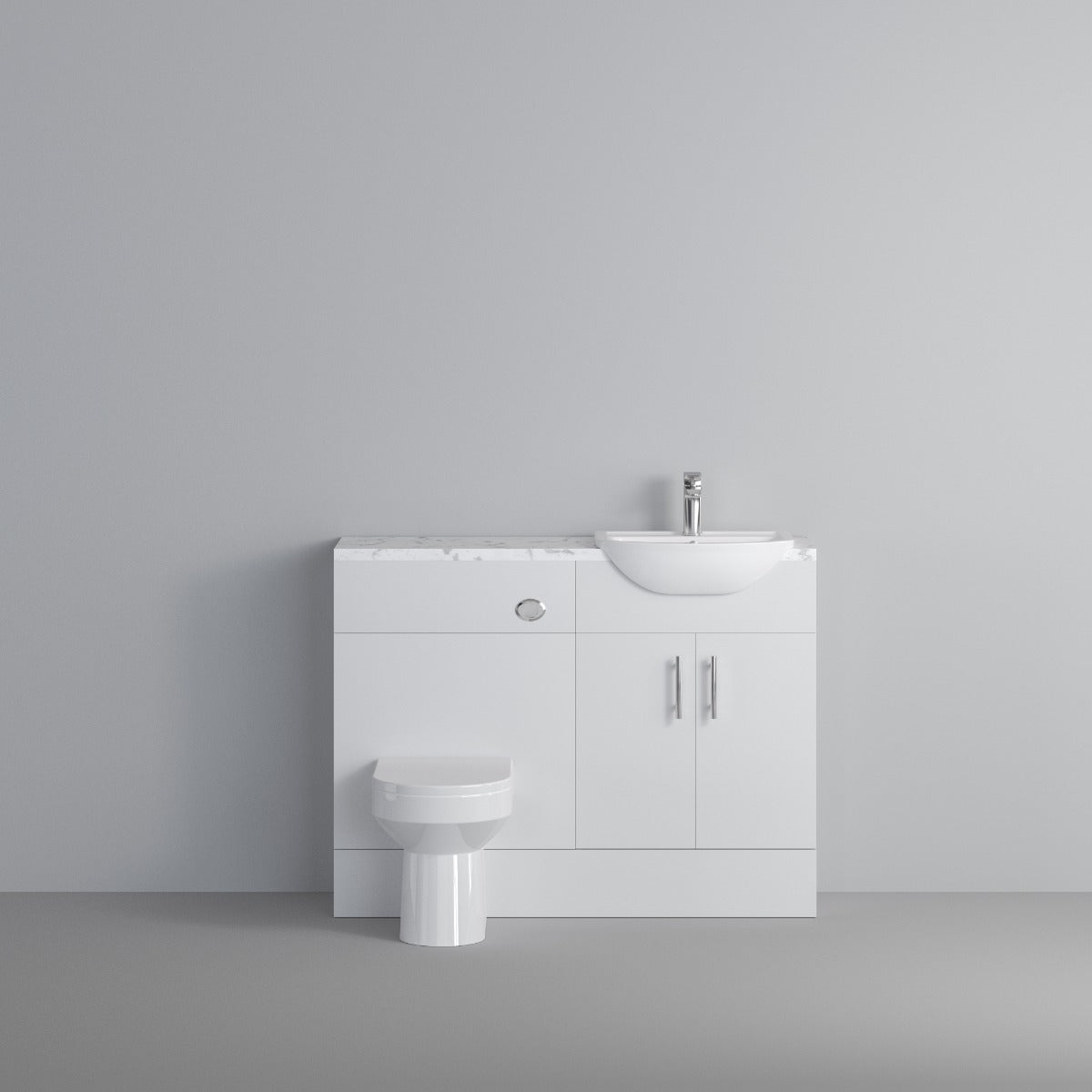 Dezine Clyde Gloss White 1100mm Pack, Vanity and WC Unit. Matt Marble worktop. Chrome Fittings