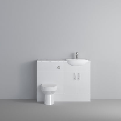Dezine Clyde Gloss White 1100mm Pack, Vanity and WC Unit. Matt Marble worktop. Chrome Fittings