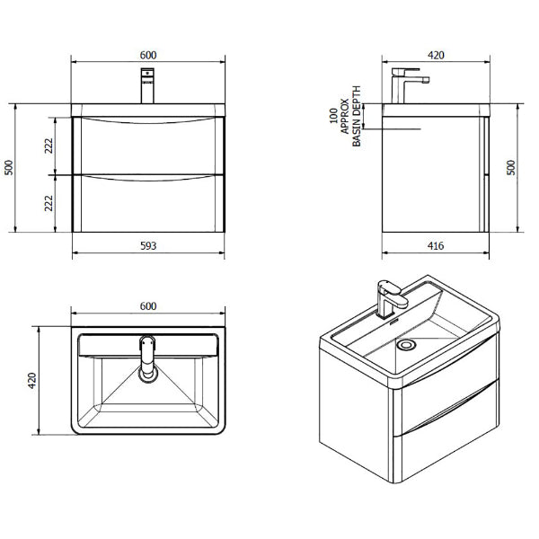Fairford Carnaby 600mm Gloss White Wall Hung Vanity Unit