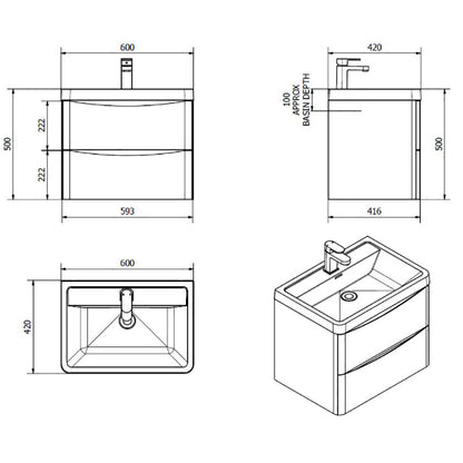 Fairford Carnaby 600mm Gloss White Wall Hung Vanity Unit
