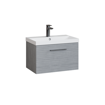 Fairford Aspri Grey Woodgrain 600mm 1 Drawer Wall Hung Vanity Unit