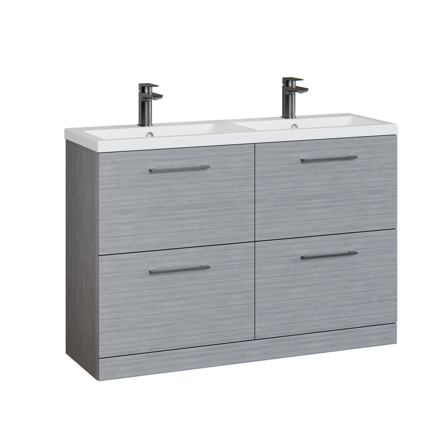 Fairford Aspri Grey Woodgrain 1200mm Floorstanding Double Vanity Unit with 4 Drawers and Basin