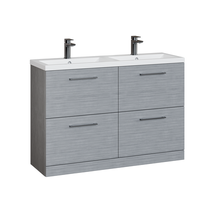 Fairford Aspri Grey Woodgrain 1200mm Floorstanding Double Vanity Unit with 4 Drawers and Basin