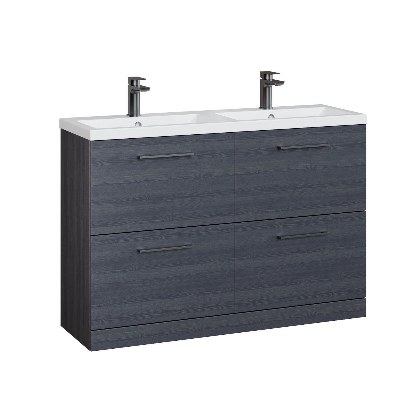 Fairford Aspri Black Woodgrain 1200mm Floorstanding Double Vanity Unit with 4 Drawers and Basin