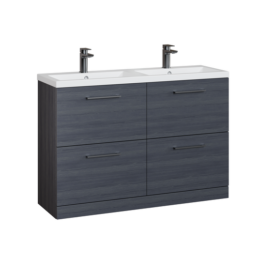 Fairford Aspri Black Woodgrain 1200mm Floorstanding Double Vanity Unit with 4 Drawers and Basin