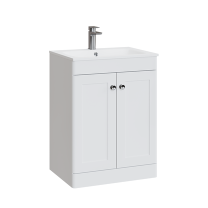 Fairford Laurel Satin White 600mm 2 Door Floorstanding Vanity Unit with Stone Basin