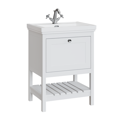 Fairford Juliette Satin White 600mm 1 Drawer Floorstanding Vanity Unit with 1 Tap Hole Basin