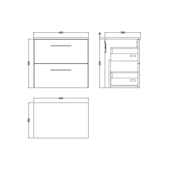 Fairford Aspri Bleached Oak 600mm 2 Drawer Wall Hung Vanity Unit with Worktop