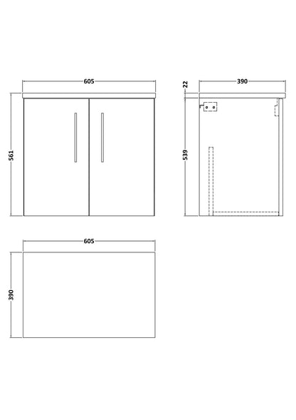 Fairford Aspri Black Woodgrain 600mm 2 Door Wall Hung Vanity Unit with Worktop