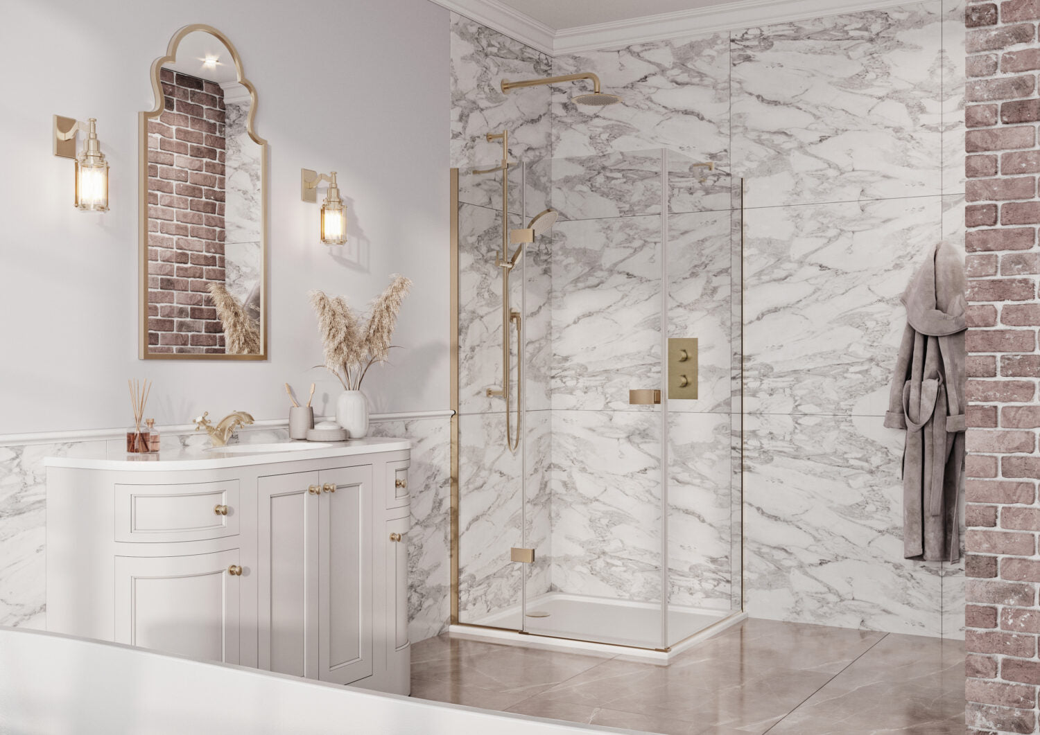 Fairford 8mm Frameless 700mm Brushed Brass Side Panel - For Hinged Door
