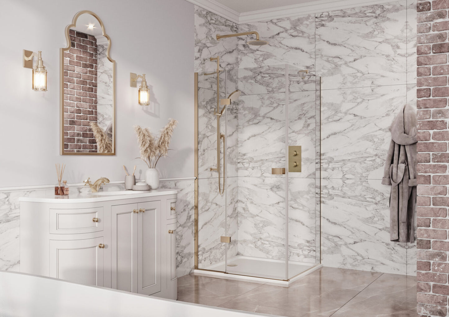 Fairford 8mm Frameless 760mm Brushed Brass Side Panel - For Hinged Door