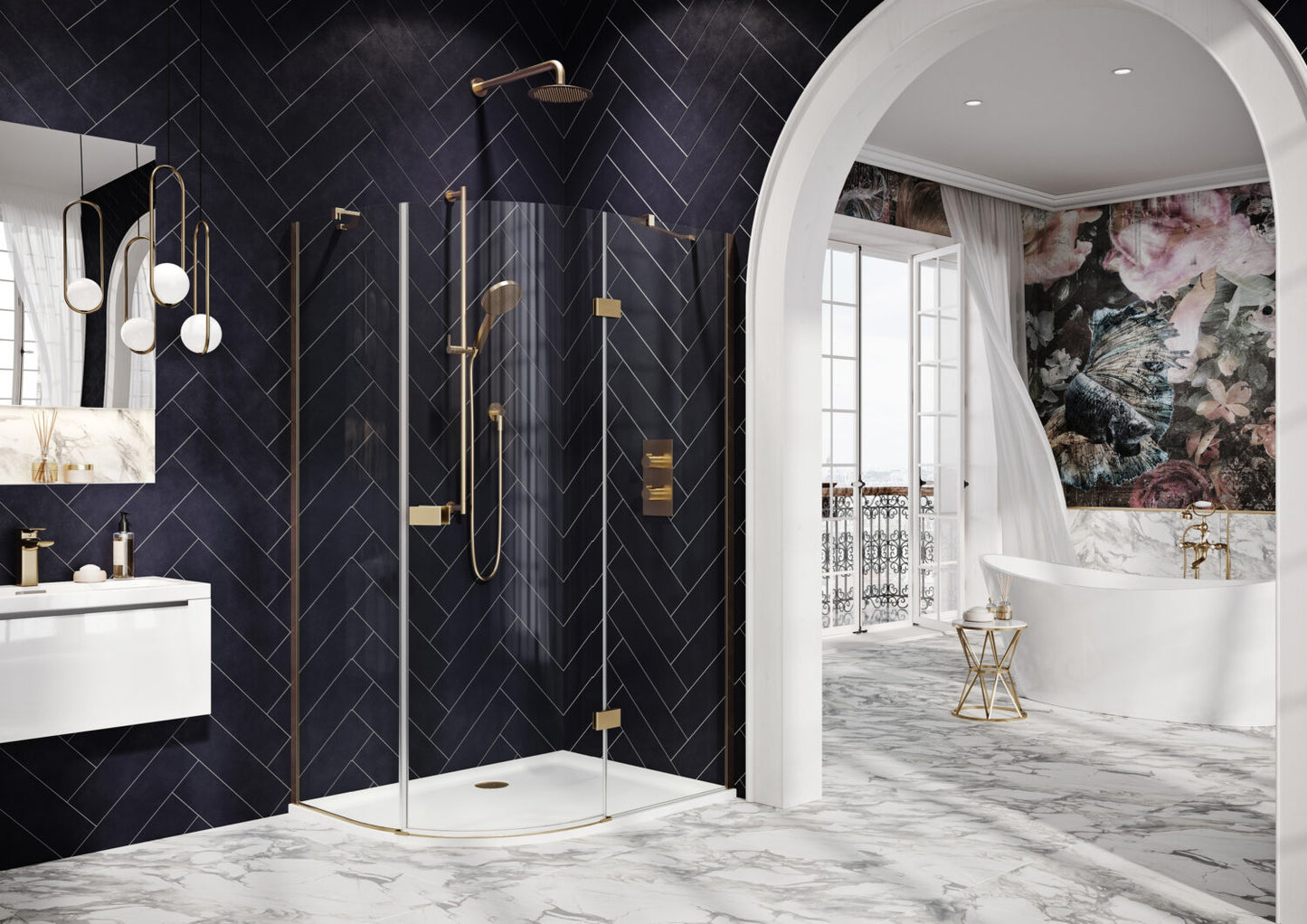 Fairford 8mm Frameless 1200 x 900mm Brushed Brass Offset Quadrant Enclosure