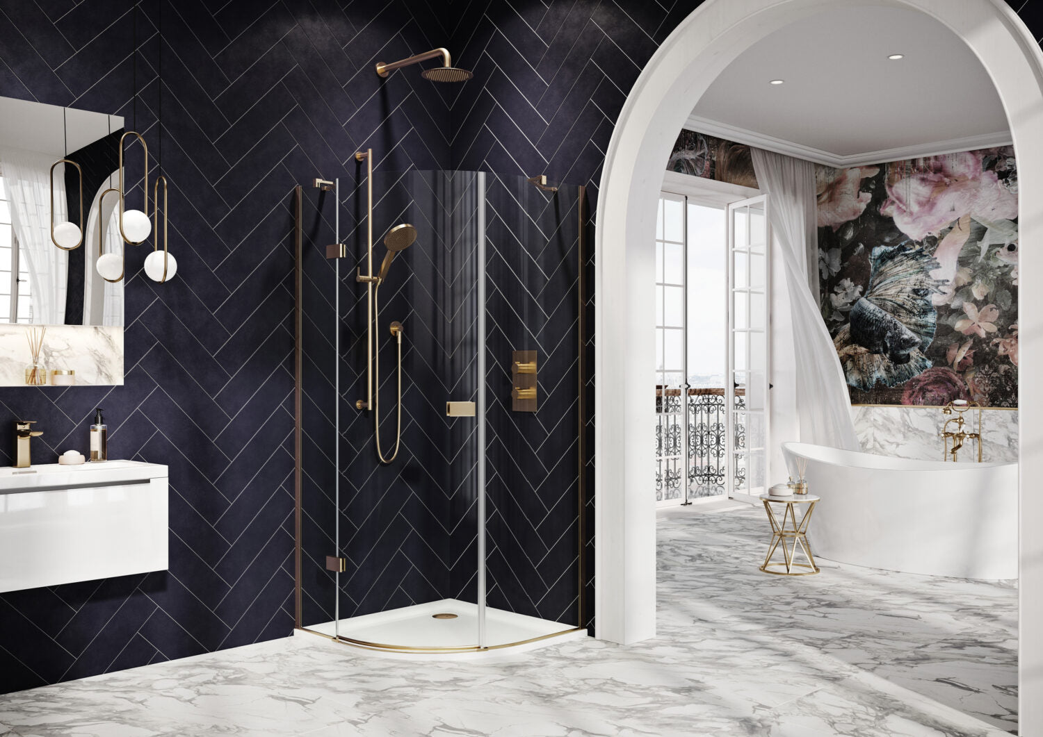 Fairford 8mm Frameless 900 x 900mm Brushed Brass Quadrant Enclosure