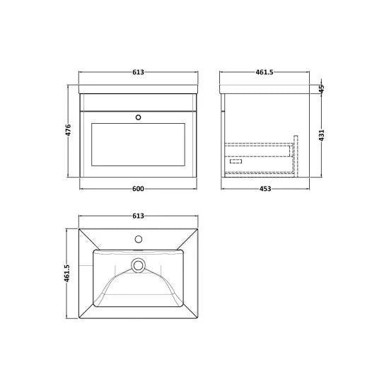 Fairford Laurel Satin Grey 600mm 1 Drawer Wall Hung Vanity Unit with Stone Basin