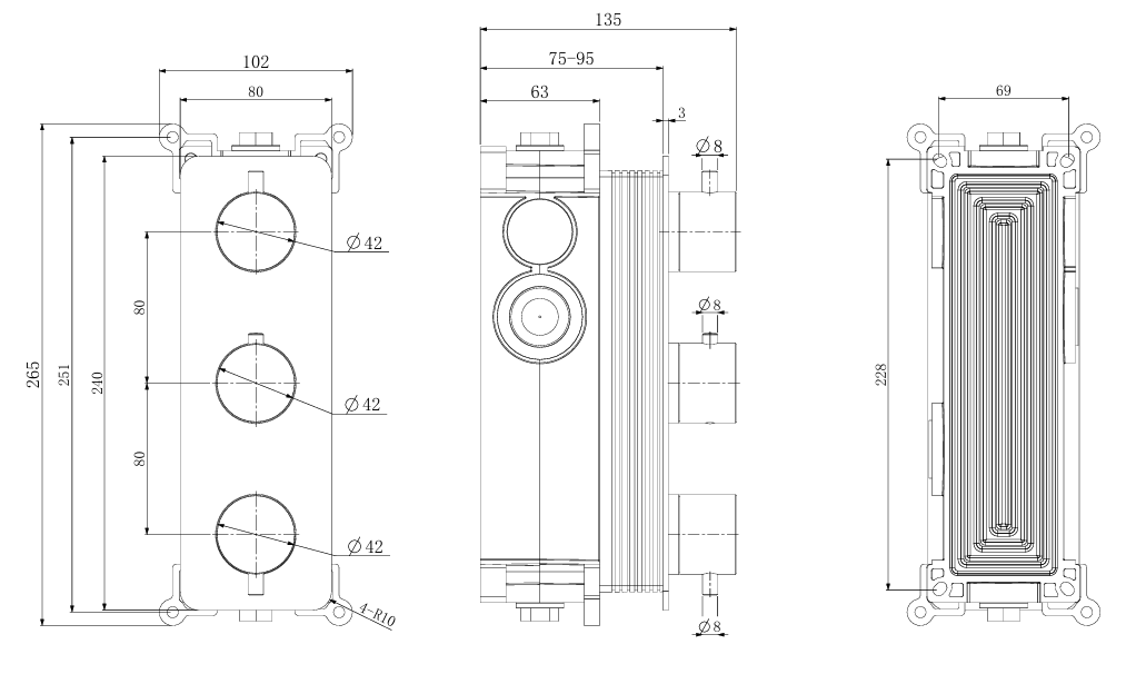 Fairford Element 7 Gunmetal Triple Shower Valve, 3 Outlet