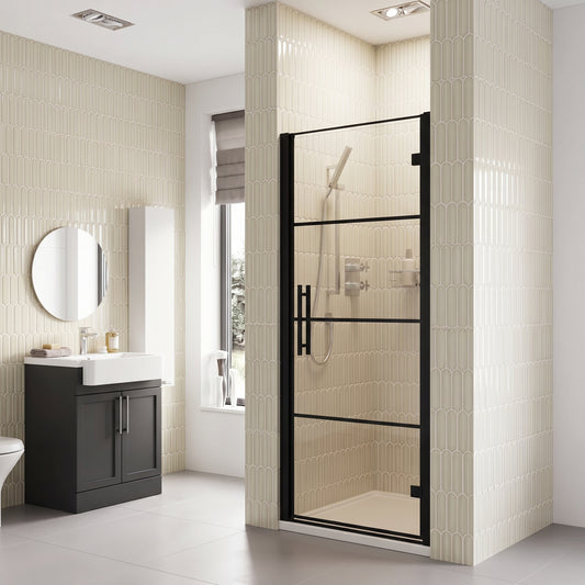 Fairford 8mm Matt Black Lined, 900mm Hinged Shower Door