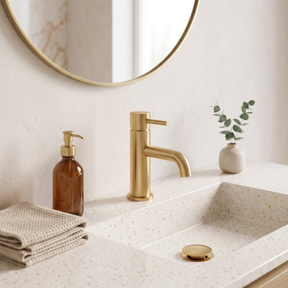 Fairford Element 5 Brushed Brass Basin Mixer with Push Button Waste