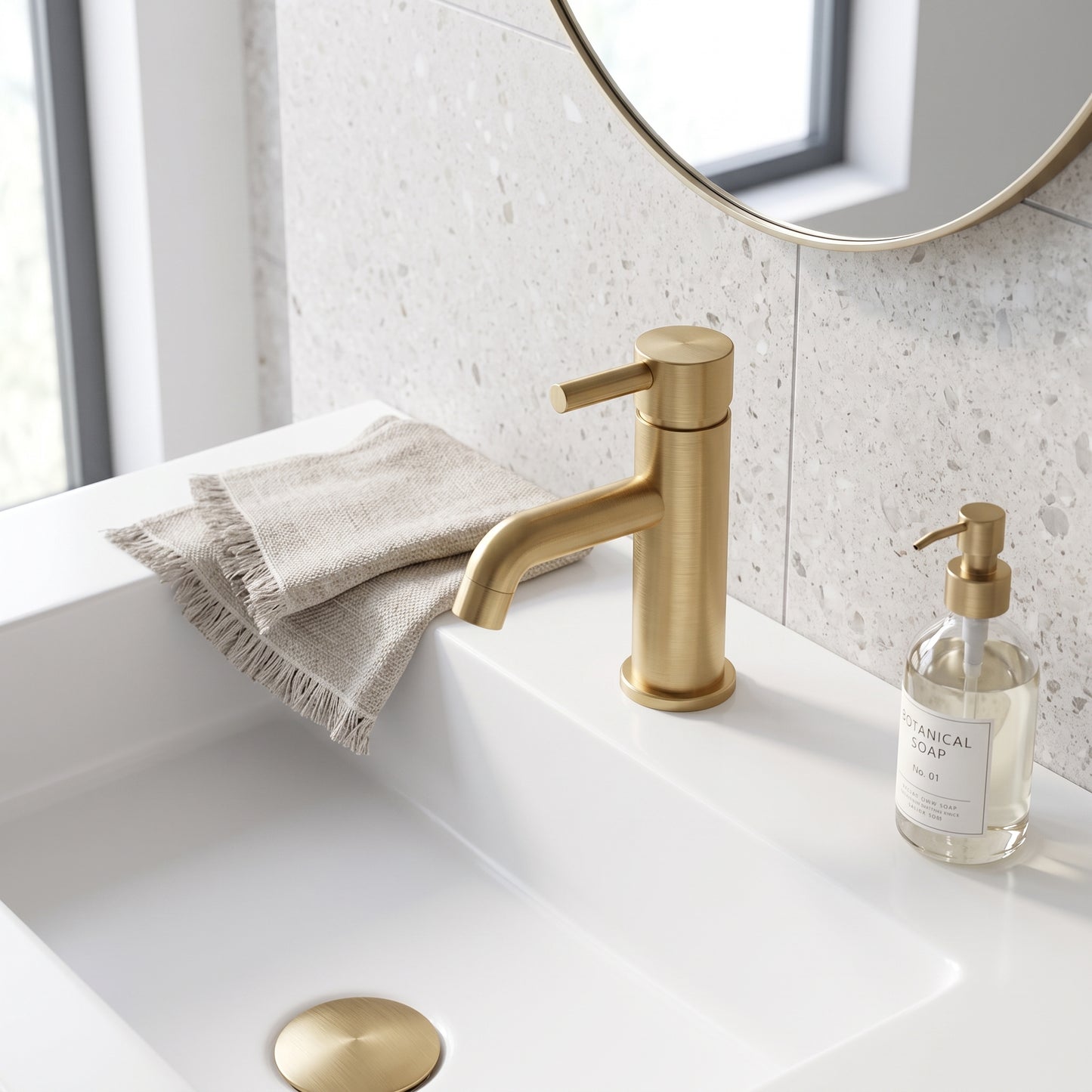 Fairford Element 5 Brushed Brass Mini Basin Mixer with Push Button Waste