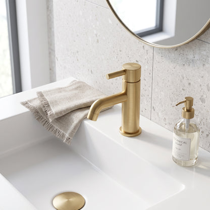 Fairford Element 5 Brushed Brass Mini Basin Mixer with Push Button Waste