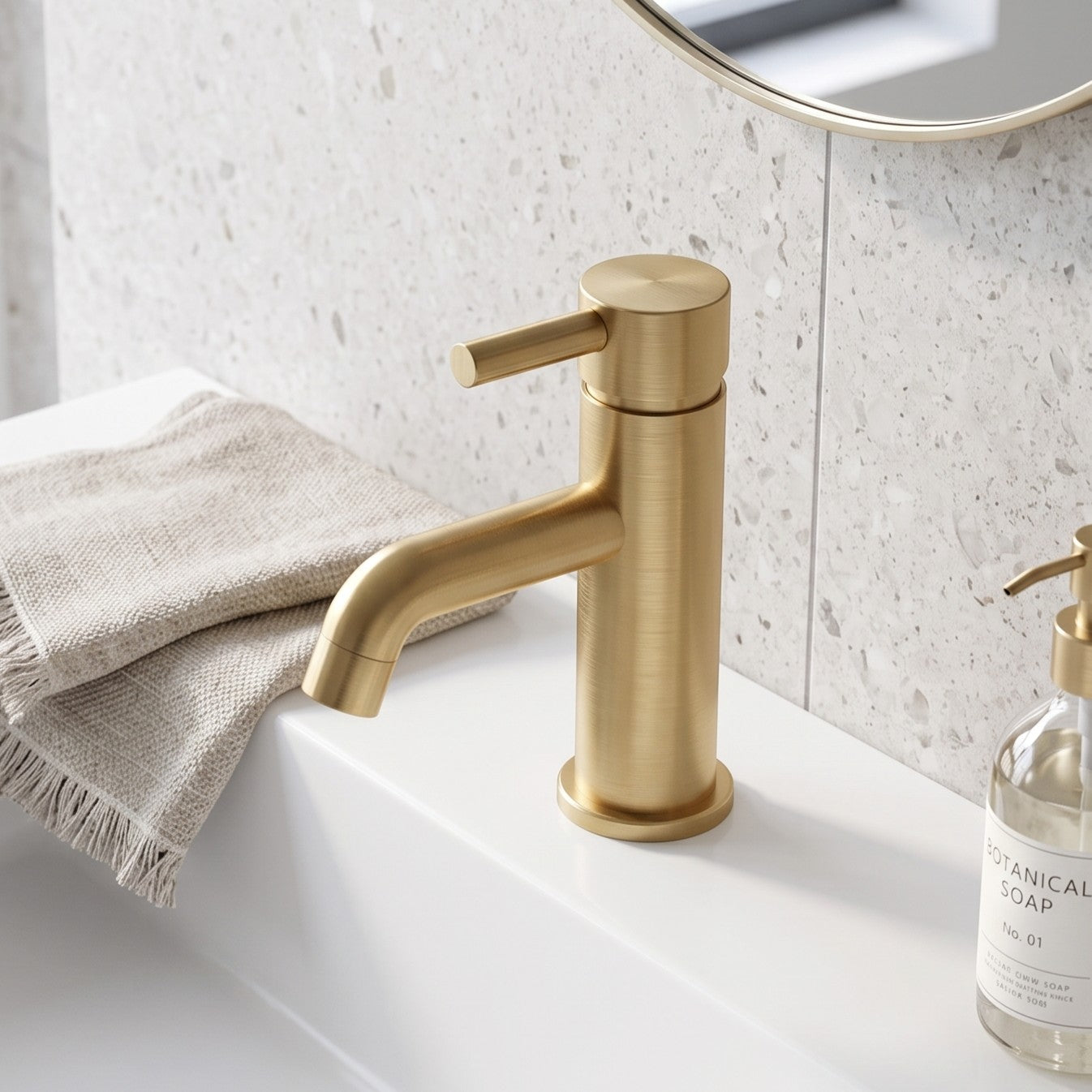 Fairford Element 5 Brushed Brass Mini Basin Mixer with Push Button Waste