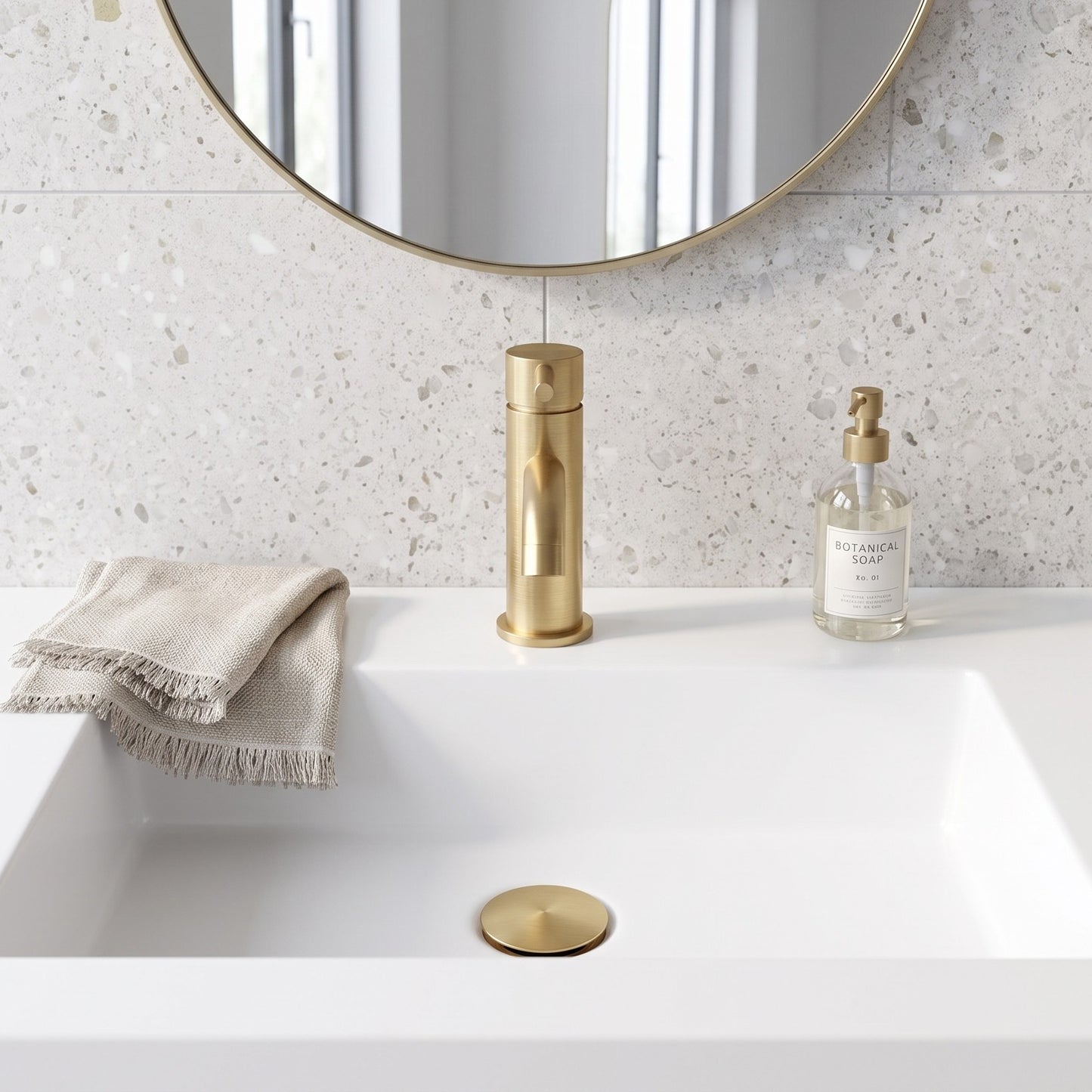 Fairford Element 5 Brushed Brass Mini Basin Mixer with Push Button Waste