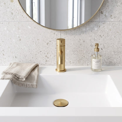 Fairford Element 5 Brushed Brass Mini Basin Mixer with Push Button Waste